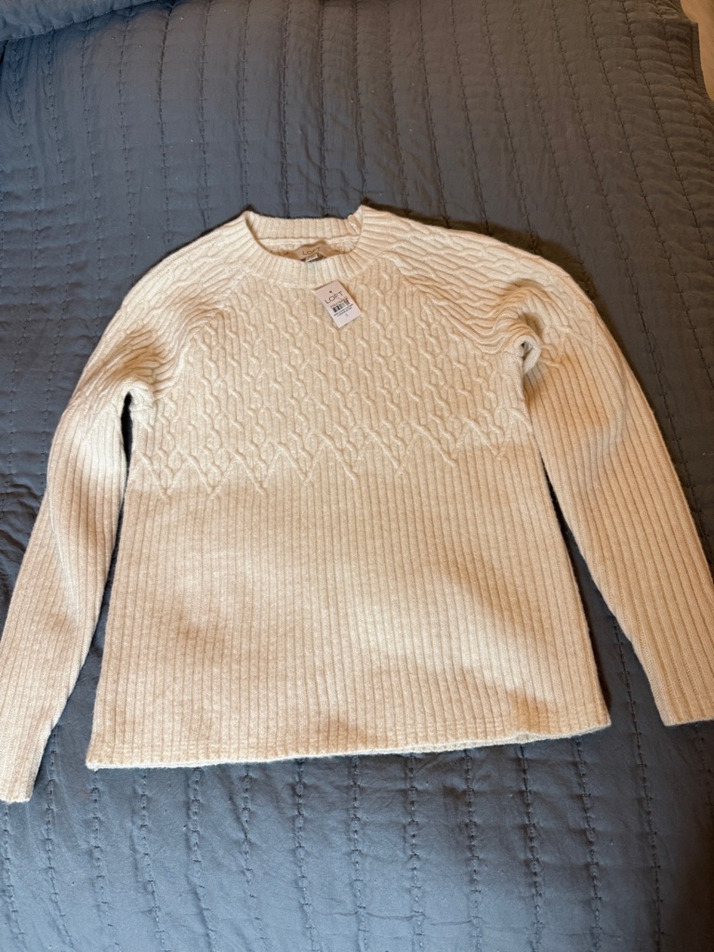 LOFT Cream Cable-Detail Ribbed Crewneck Sweater